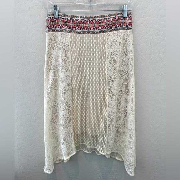 FLYING TOMATO | Cream Lace Skirt Boho Embroidered Waist | Size Large - Picture 1 of 6